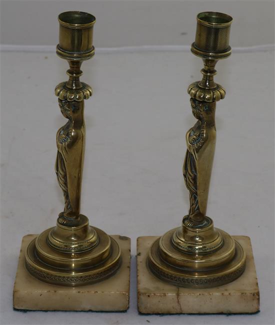 A pair of 19th century French brass candlesticks, 8.5in.